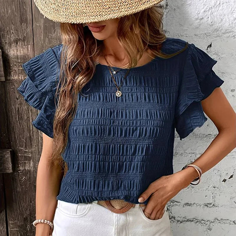 Blouses- Women Textured Stripe Ruffle-Sleeve Blouse for Any Occasion- Navy blue- IndioGear.com