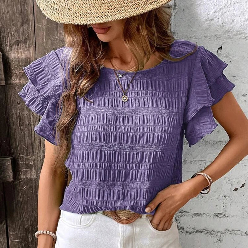 Blouses- Women Textured Stripe Ruffle-Sleeve Blouse for Any Occasion- Purple- IndioGear.com