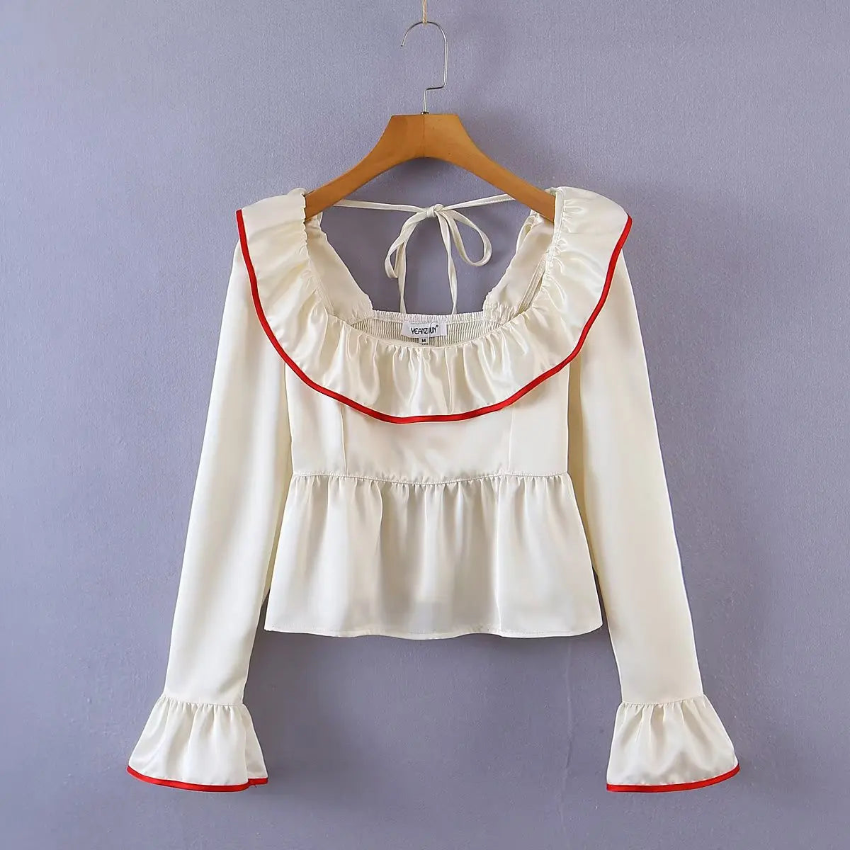 Blouses- Women Vintage-Inspired Peasant Top - Ruffled Square Neck Blouse- Beige- IndioGear.com