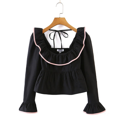 Blouses- Women Vintage-Inspired Peasant Top - Ruffled Square Neck Blouse- Black- IndioGear.com