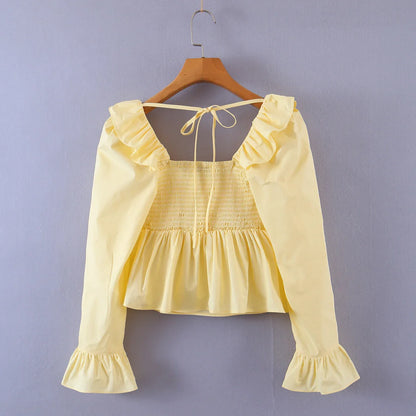 Blouses- Women Vintage-Inspired Peasant Top - Ruffled Square Neck Blouse- - IndioGear.com