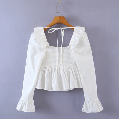 Blouses- Women Vintage-Inspired Peasant Top - Ruffled Square Neck Blouse- - IndioGear.com