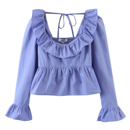 Blouses- Women Vintage-Inspired Peasant Top - Ruffled Square Neck Blouse- - IndioGear.com