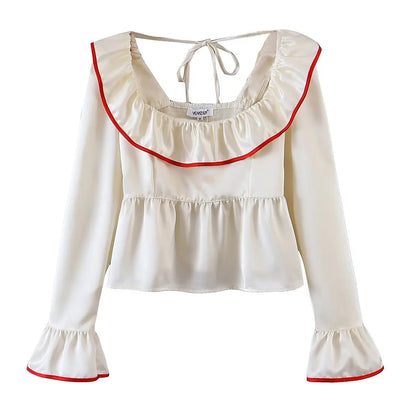 Blouses- Women Vintage-Inspired Peasant Top - Ruffled Square Neck Blouse- - IndioGear.com