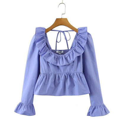 Blouses- Women Vintage-Inspired Peasant Top - Ruffled Square Neck Blouse- - IndioGear.com