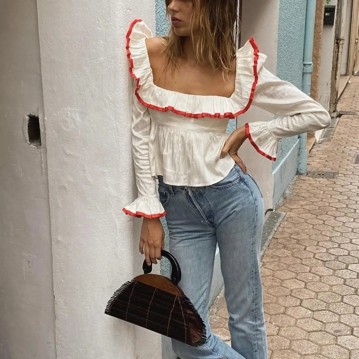 Blouses- Women Vintage-Inspired Peasant Top - Ruffled Square Neck Blouse- - IndioGear.com