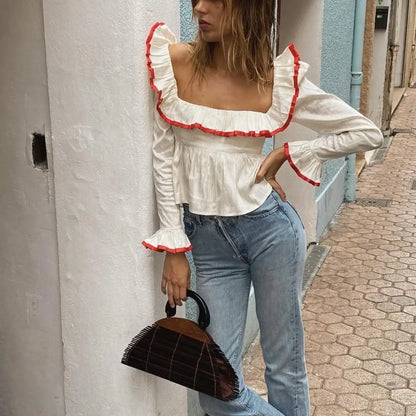 Blouses- Women Vintage-Inspired Peasant Top - Ruffled Square Neck Blouse- - IndioGear.com