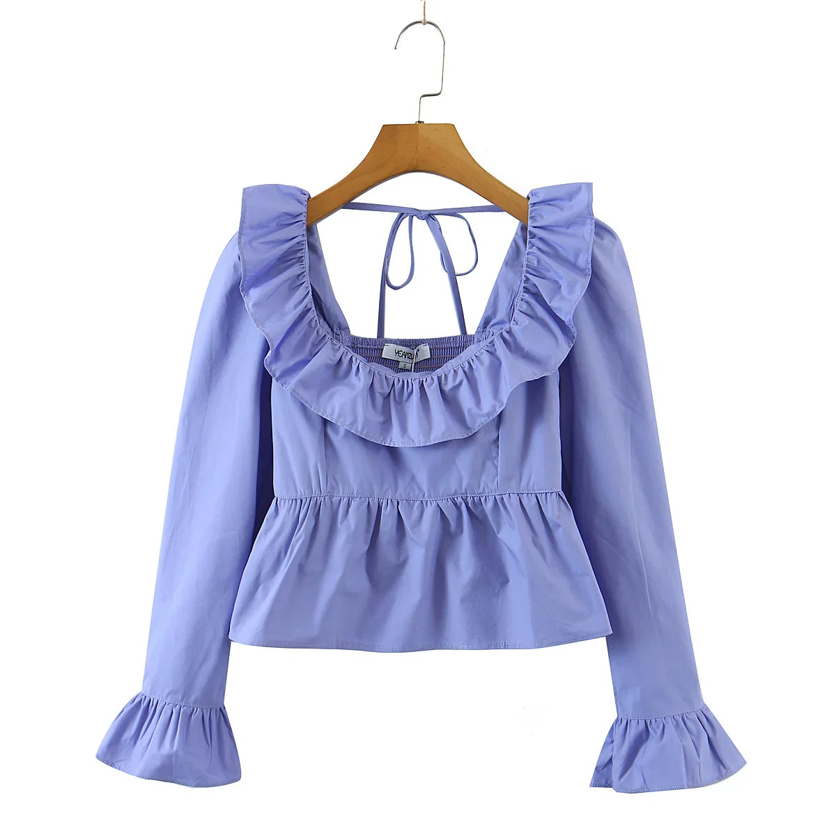 Blouses- Women Vintage-Inspired Peasant Top - Ruffled Square Neck Blouse- Purple- IndioGear.com