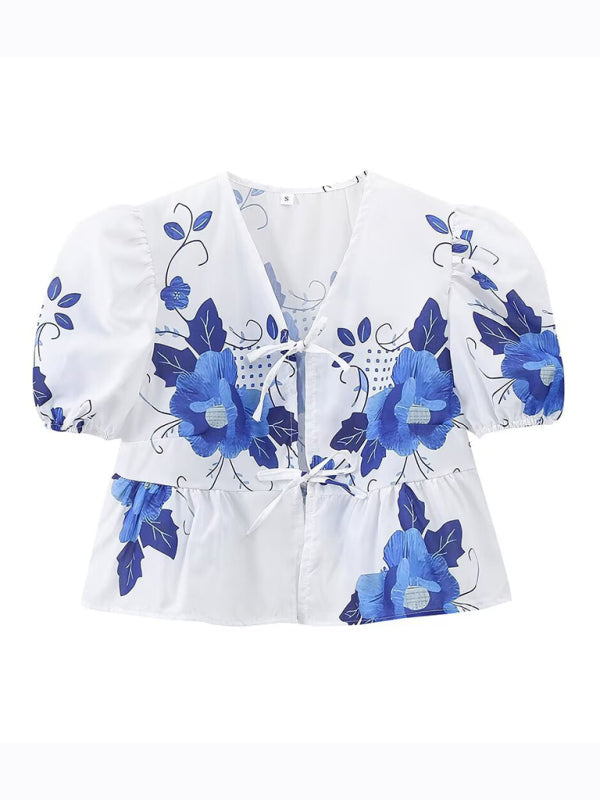 Blouses- Women's Floral Tie-Up Puff Sleeve Blouse- - IndioGear Fashion and Gear