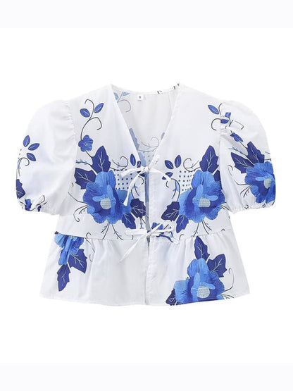 Blouses- Women's Floral Tie-Up Puff Sleeve Blouse- - IndioGear Fashion and Gear