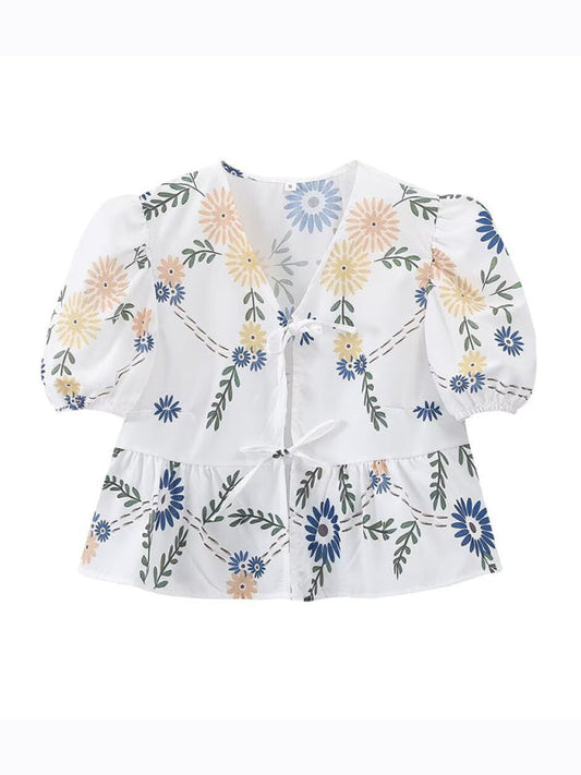 Blouses- Women's Floral Tie-Up Puff Sleeve Blouse- White- IndioGear Fashion and Gear