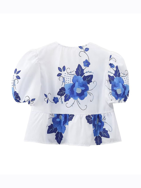 Blouses- Women's Floral Tie-Up Puff Sleeve Blouse- - IndioGear Fashion and Gear