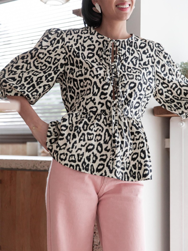 Blouses- Women's Leopard Print Puff Sleeves Peplum Blouse- - IndioGear Fashion and Gear