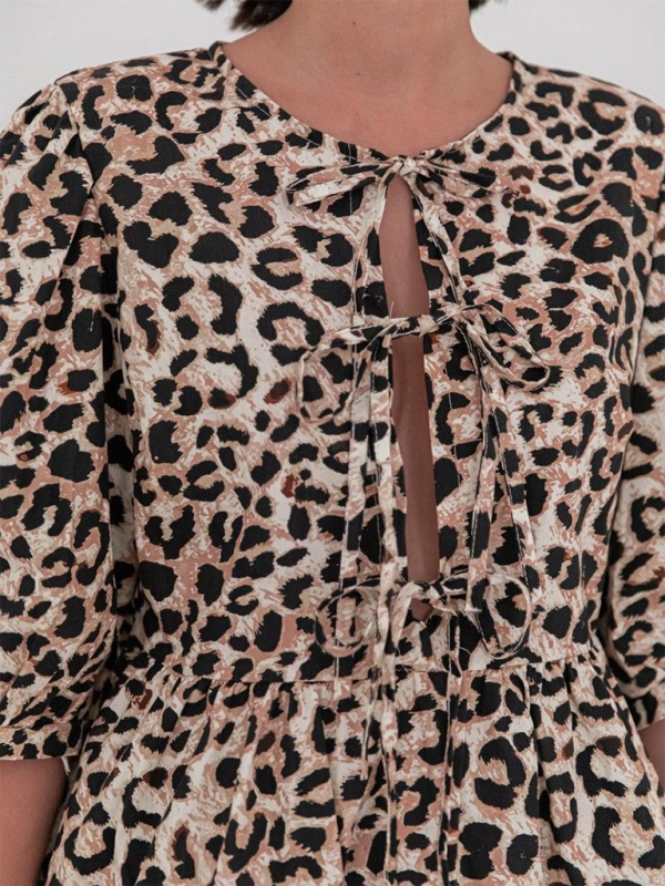 Blouses- Women's Leopard Print Puff Sleeves Peplum Blouse- Pattern4- IndioGear Fashion and Gear