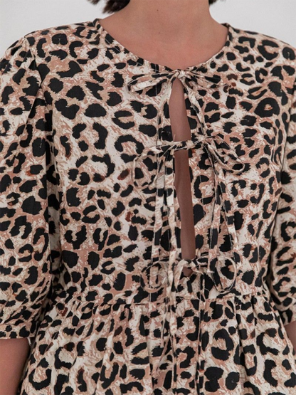 Blouses- Women's Leopard Print Puff Sleeves Peplum Blouse- Pattern4- IndioGear Fashion and Gear