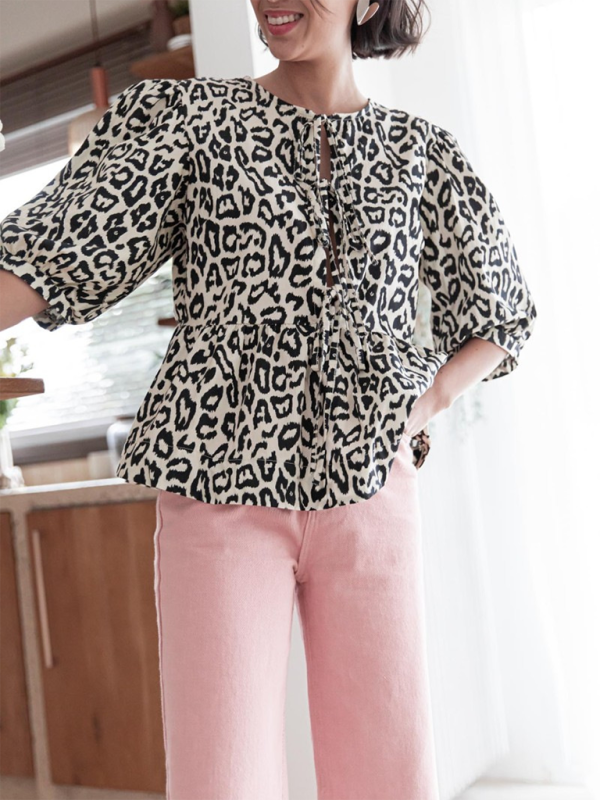 Blouses- Women's Leopard Print Puff Sleeves Peplum Blouse- - IndioGear Fashion and Gear