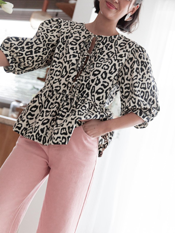 Blouses- Women's Leopard Print Puff Sleeves Peplum Blouse- - IndioGear Fashion and Gear