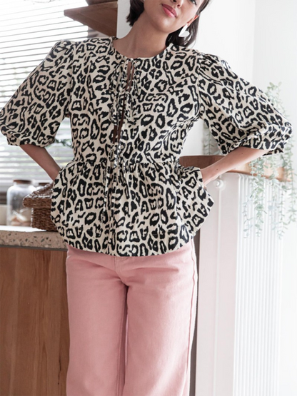 Blouses- Women's Leopard Print Puff Sleeves Peplum Blouse- - IndioGear Fashion and Gear