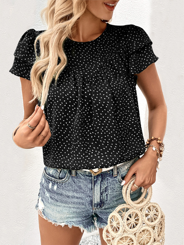 Blouses- Women's Polka Dot Blouse with Layered Sleeves- Black- IndioGear Fashion and Gear