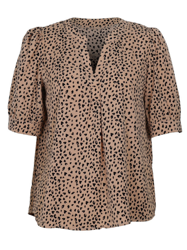 Blouses- Women's Puff Sleeves V-Neck Blouse in Animal Print- - IndioGear Fashion and Gear