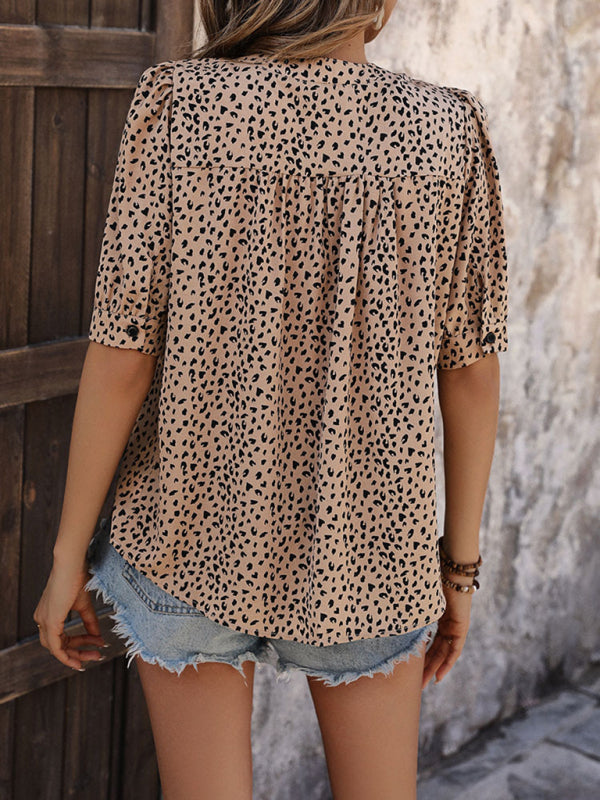 Blouses- Women's Puff Sleeves V-Neck Blouse in Animal Print- - IndioGear Fashion and Gear