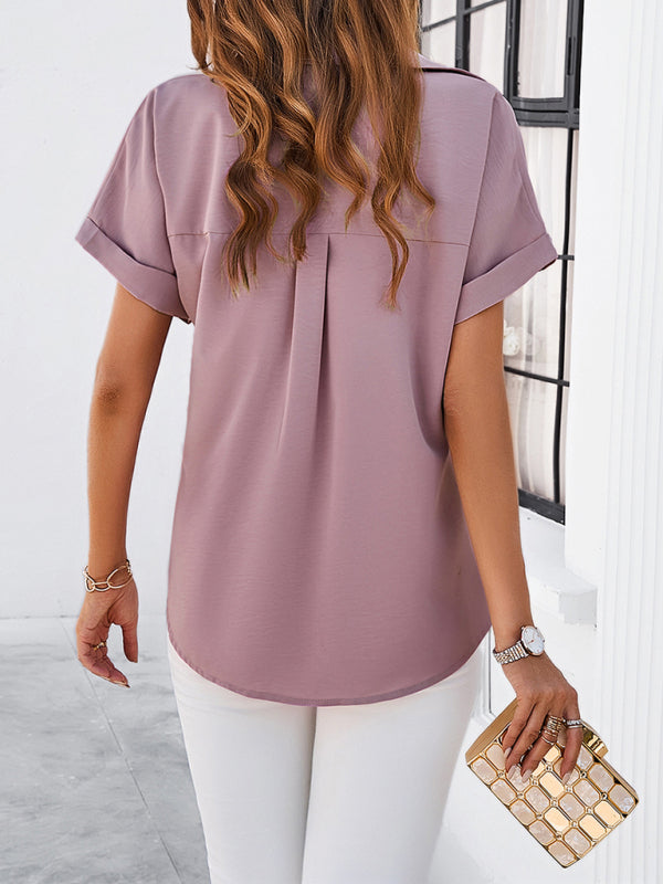 Blouses- Women's Short Sleeve Shirt Blouse with Concealed Placket- - IndioGear Fashion and Gear