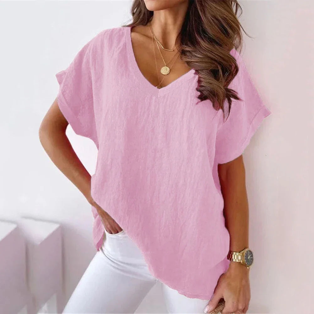 Blouses- Women's Solid Cotton V-Neck Blouse Top for Casual Outings- - IndioGear.com