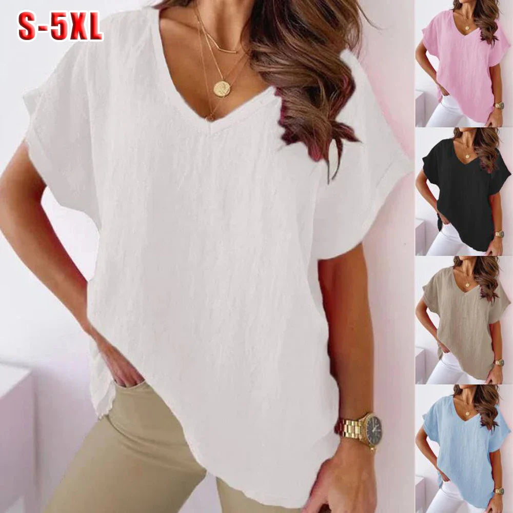 Blouses- Women's Solid Cotton V-Neck Blouse Top for Casual Outings- - IndioGear.com