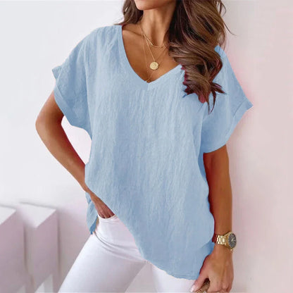 Blouses- Women's Solid Cotton V-Neck Blouse Top for Casual Outings- Blue- IndioGear.com