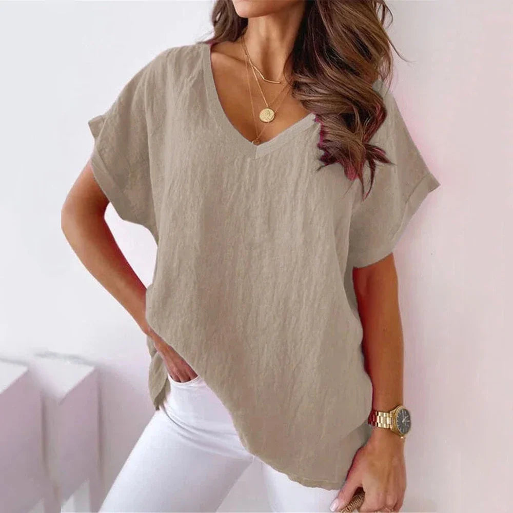 Blouses- Women's Solid Cotton V-Neck Blouse Top for Casual Outings- Khaki- IndioGear.com