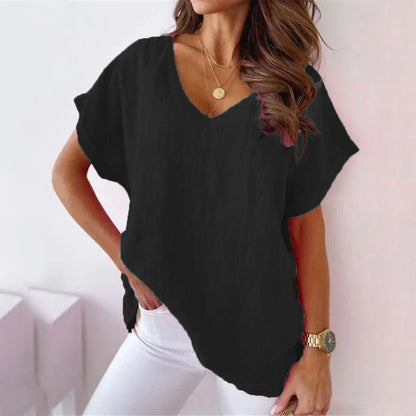 Blouses- Women's Solid Cotton V-Neck Blouse Top for Casual Outings- - IndioGear.com