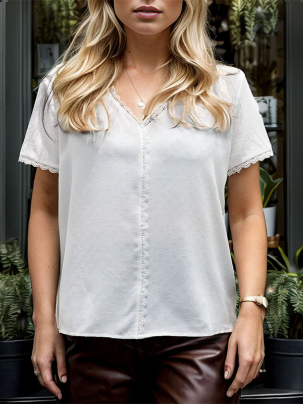 Blouses- Women's Solid V-Neck Blouse with Lace Trim in Relaxed Fit- - IndioGear Fashion and Gear