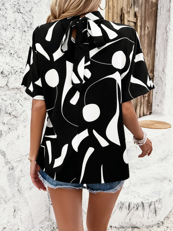 Blouses- Women's Stand Collar Blouse with Abstract Print & Bowknot Back- - IndioGear Fashion and Gear