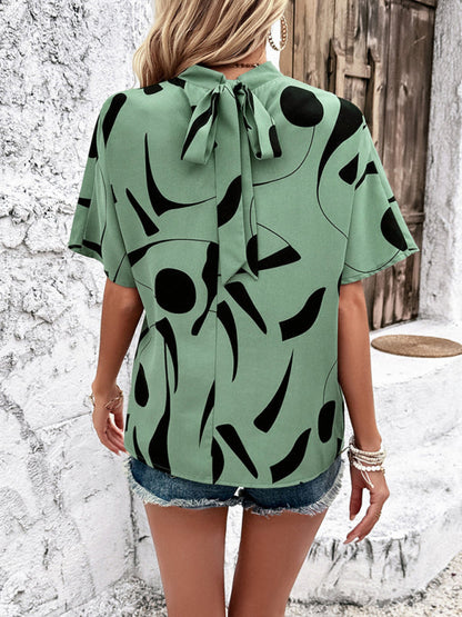 Blouses- Women's Stand Collar Blouse with Abstract Print & Bowknot Back- - IndioGear Fashion and Gear