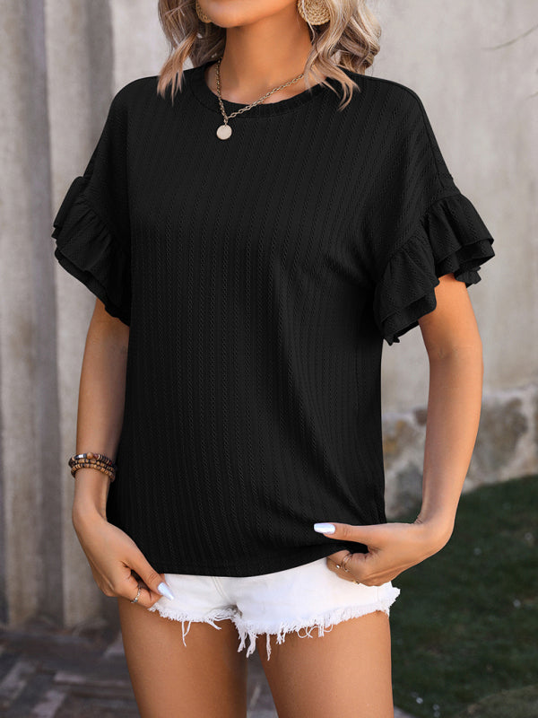 Blouses- Women's Textured Summer Blouse with Ruffle Sleeves- - IndioGear Fashion and Gear