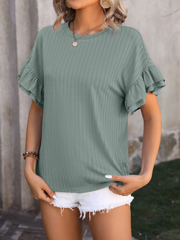 Blouses- Women's Textured Summer Blouse with Ruffle Sleeves- - IndioGear Fashion and Gear