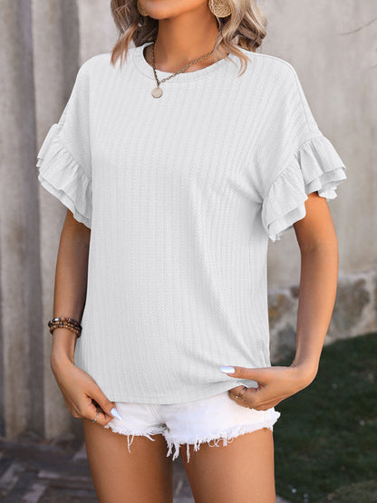 Blouses- Women's Textured Summer Blouse with Ruffle Sleeves- - IndioGear Fashion and Gear