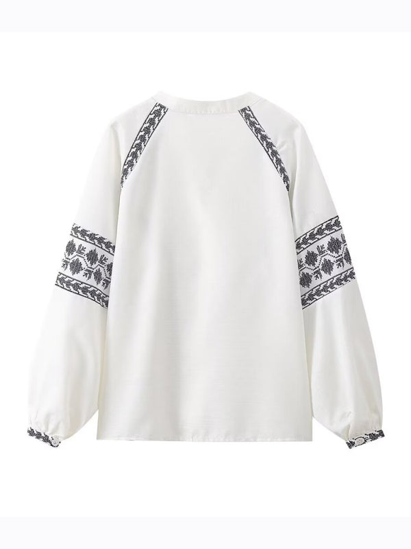 Blouses- Women's Tribal Linen Embroidered Blouse - Button-Up Shirt with Lantern Sleeves- - IndioGear Fashion and Gear