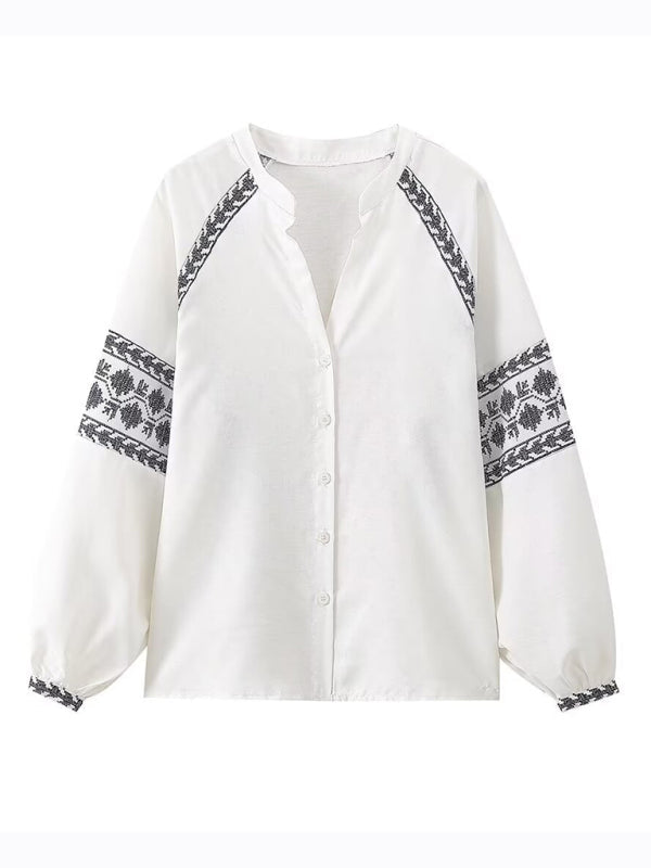 Blouses- Women's Tribal Linen Embroidered Blouse - Button-Up Shirt with Lantern Sleeves- - IndioGear Fashion and Gear