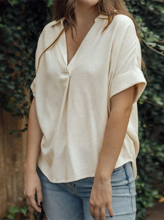 Blouses- Women's V-Neck Shirt Blouse in Solid Cotton Linen- Cracker khaki- IndioGear Fashion and Gear