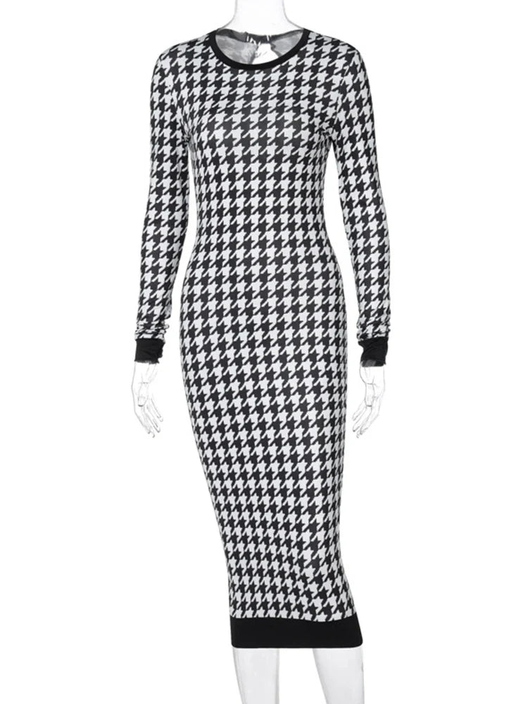 Bodycon Dresses- Chic Houndstooth Bodycon Midi Dress for Winter- - IndioGear Women Clothing