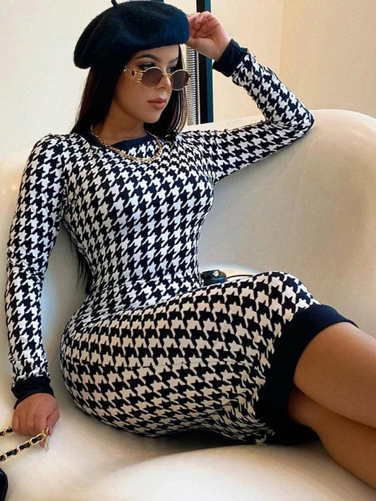 Bodycon Dresses- Chic Houndstooth Bodycon Midi Dress for Winter- - IndioGear Women Clothing