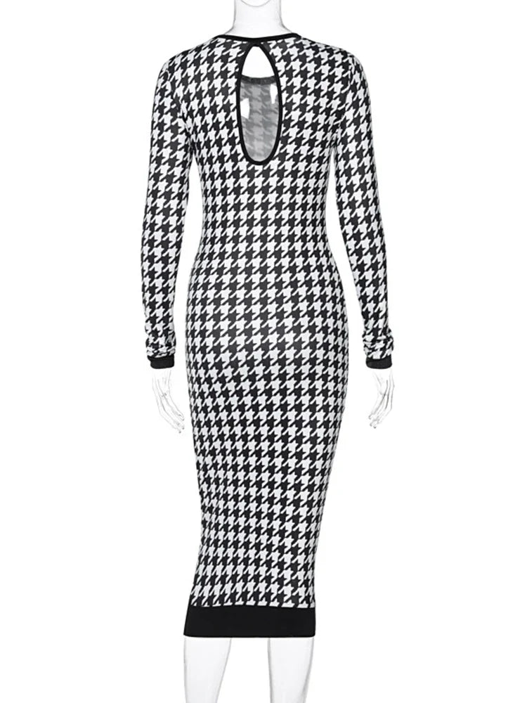 Bodycon Dresses- Chic Houndstooth Bodycon Midi Dress for Winter- - IndioGear Women Clothing