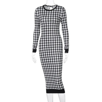 Bodycon Dresses- Chic Houndstooth Bodycon Midi Dress for Winter- Black- IndioGear Women Clothing