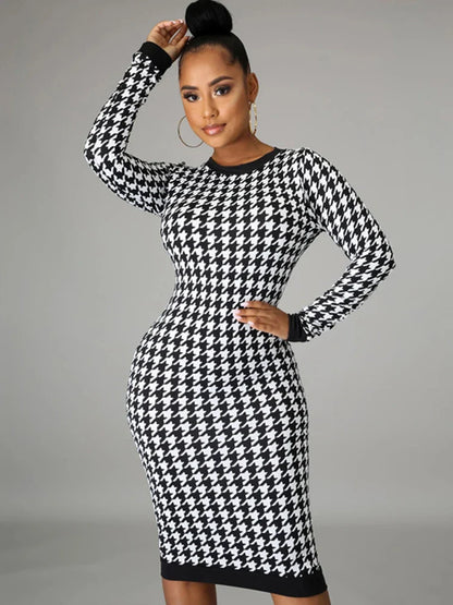 Bodycon Dresses- Chic Houndstooth Bodycon Midi Dress for Winter- - IndioGear Women Clothing