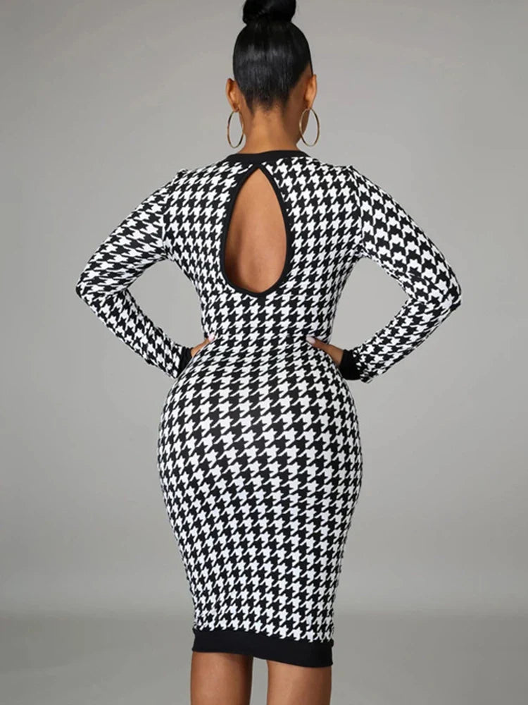 Bodycon Dresses- Chic Houndstooth Bodycon Midi Dress for Winter- - IndioGear Women Clothing