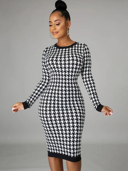 Bodycon Dresses- Chic Houndstooth Bodycon Midi Dress for Winter- - IndioGear Women Clothing