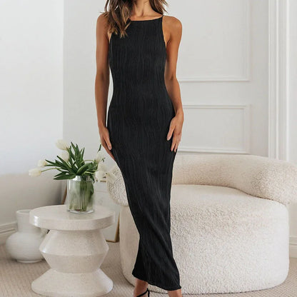 Bodycon Dresses- Elegant Long Ribbed Dress - Ideal for Business and Dinners- Black- IndioGear.com