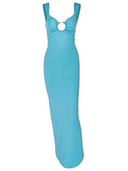 Bodycon Dresses- Figure-Hugging Party Maxi Dress with Circle Ring- - IndioGear.com