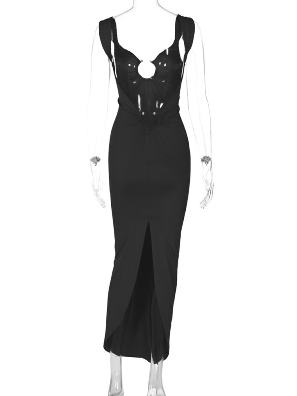 Bodycon Dresses- Figure-Hugging Party Maxi Dress with Circle Ring- - IndioGear.com